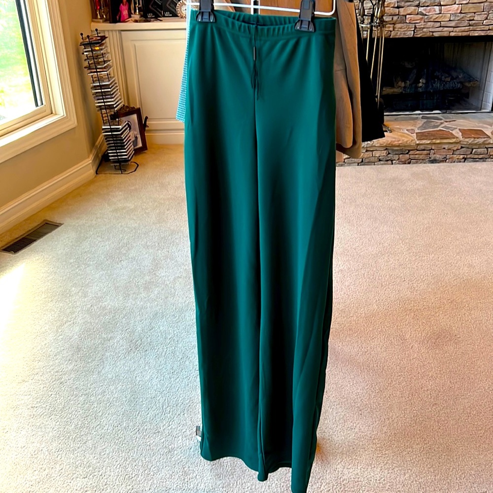 Green wide leg polyester pants.